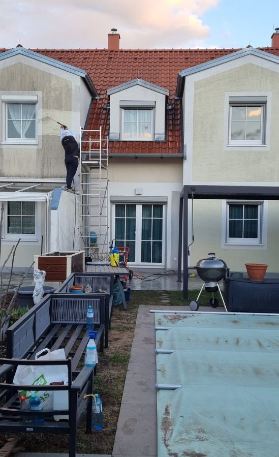 Algen- und Schimmelentfernung von einer Hausfassade
